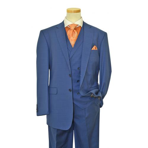 Statement Confidence "Naples" Royal Blue With Rust / Light Grey Windowpane Design Super 150's Wool Vested Suit